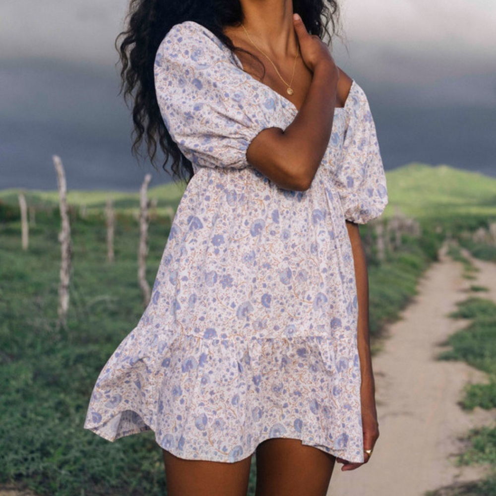 Billabong Be Mine Babydoll Dress XS Floral Blue Brown Puff Sleeve Ruffled EUC - Picture 2 of 7